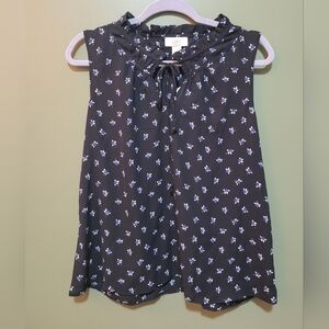 LOFT Outlet - Black Floral Dot Polyester Sleevless Bow Blouse